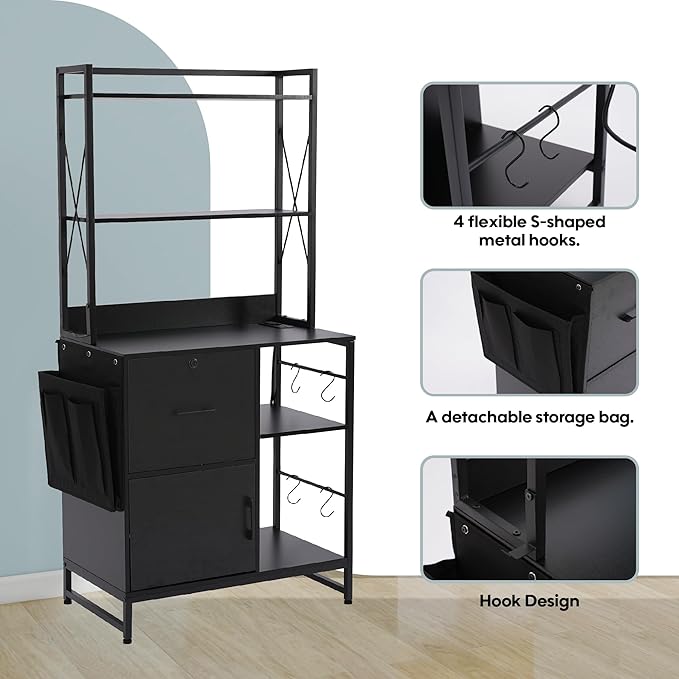 Vertical File Cabinet,Filing Cabinet with Shelves,Charging Station,Hanging Pouch and Hooks,Vertical Filing Cabinet Fits Letter/A4/Legal Size (Black)