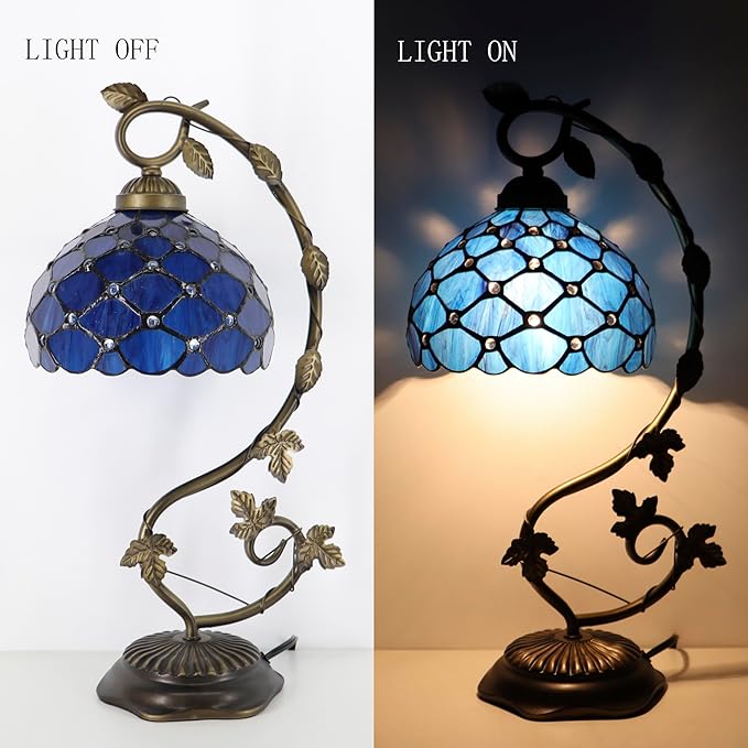 Tiffany Table Lamp, Stained Glass Desk Reading Light,Metal Leaf Table Lamp Base 8X10X21 Inches (Blue Beads)