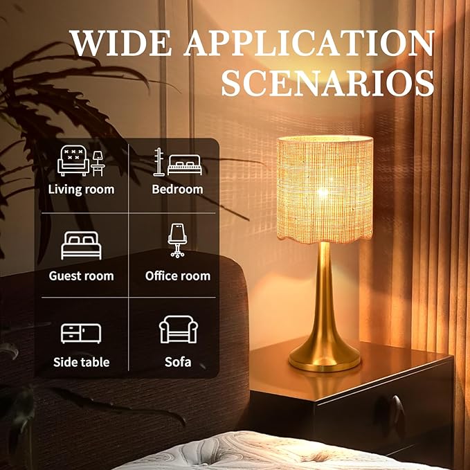 Gold Rattan Table Lamp for Bedroom, Brass Cute Wicker Lamps for Bedside Nightstand, Small Table Shape Lamps for Small Spaces for Kitchen Counter, Home Office, Living Room, Kids Dorm