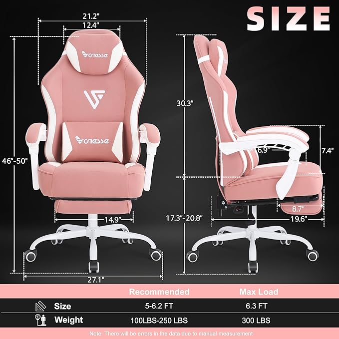 Vonesse Gaming Chair, Computer Chair Fabric with Pocket Spring Cushion, Office Chair with Footrest and Massage Lumbar Support, Reclining Gaming Chairs for Adults 250LBS (Pink)