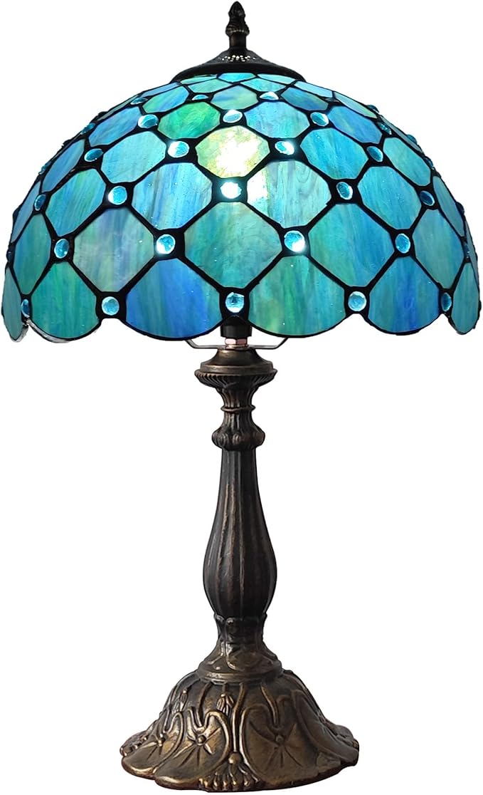 Tiffany Table Lamp Stained Glass Antique Bedside Nightstand Lamp Blue Pearl Style Small Antique Desk Light for Bedroom Living Room Home Office,3-Color LED Bulb Include