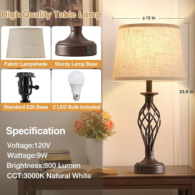 Table Lamp for Bedroom Set of 2 with USB C+A Ports - Modern Brown Bedside Lamps with Spiral Cage Base Fabric Shade - Nightstand Lamp for Living Room Reading Bed Side End Table 2 LED Bulbs Included