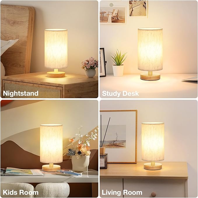 Small Lamps Set of 2 - Inline Control, Bedside Table Lamp for Bedroom with 3000K A15 LED Blub, Easy Assembly (Cream Shade - Wood Base Set of 2, 9" Inline Control)