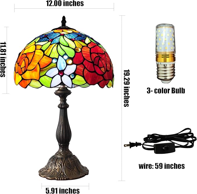 Tiffany Style Table Lamp Rose Flower Pattern Stained Glass Lamp 12X12X19 Inch 3-Way Antique Light for Nightstand Bedroom Living Room Home Office