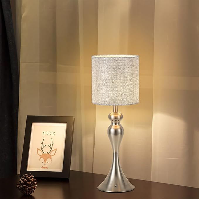 Table Lamp for Bedroom, Cordless Bedside Lamps for Living Room, Touch 3-Way Dimmable Desk Lamp for Night Stands, Rechargeable, Battery Operated Lamp with Fabric Shade for Dorm, Home Office (Nickel)