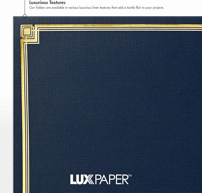 LUXPaper 9.5" x 12" Certificate Holders | Nautical Blue Linen | Embossed Gold Foil Border | 100lb. Cover | 25 Qty