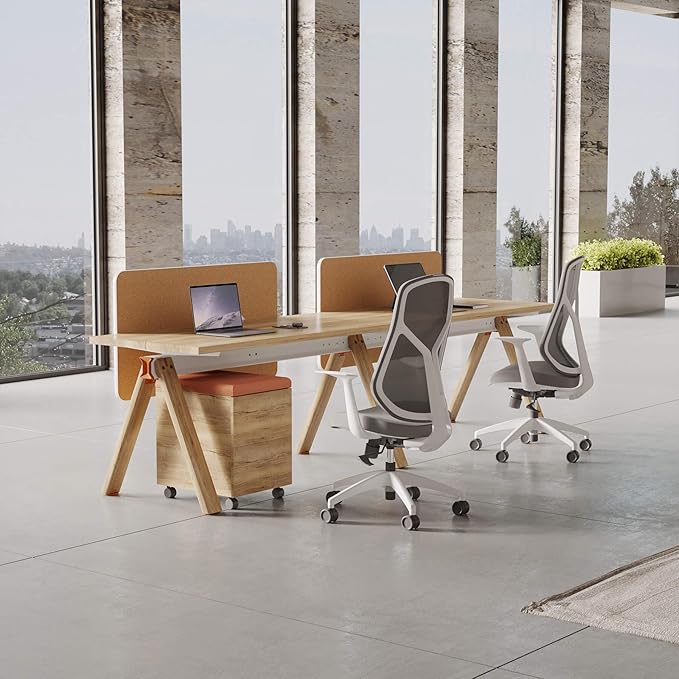 SAINTCY 4 Person Office Workstation Desk with Wheeled Cabinet, Partition Dividers & Built-in Power Outlets, Modular Offices Workstation for Collaborative Workspaces, Office Staff Desks with Storage