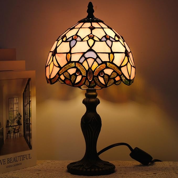 Small Tiffany Lamp Stained Glass Table Lamp Mini Desk Accent Light for Bedroom Bedside Reading Home Antique Style Decor 8X15 Inches (Pink Baroque)