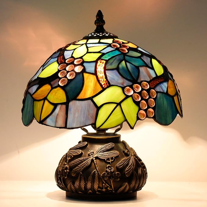 Small Tiffany Table Lamp Amber Grapes Style Glass Desk Lamp 10X11.5 Inch Mushroom Table Light for Office Home Living Room Bedroom
