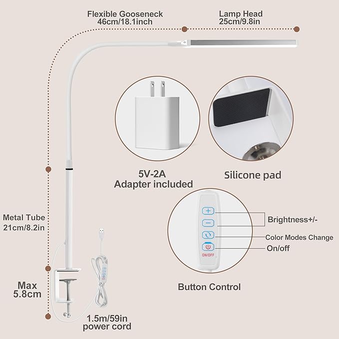 Led Desk Lamp for Home Office, Eye-Caring Desk Light with Clamp, Clip on Light for Reading, 3 Modes 10 Brightness, Flexible Gooseneck, Memory Function, Study, Work, Draw, White