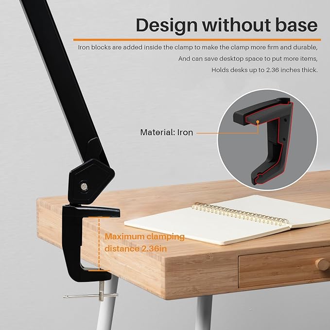 LED Architect Desk Lamp with Clamp, Metal Swing Arm 2300 Lumens Dimming Office Table Lamp for Task Work Drafting Reading Desktop, 180PCS Bright LEDs, 30W Workbench Lamp(Black)