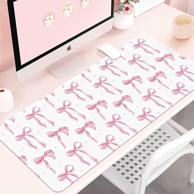 Large Mouse Pad, Pink Bow Desk Mat Gaming Mouse Pad 31.5 x 11.8in for Laptop Computer PC, Non-Slip Rubber Base Cute Bows Mousepad Office Accessories Desktop Decor Bow Coquette Mat for Girls
