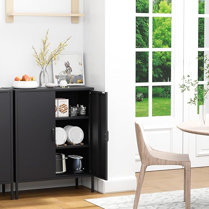 2 Door Metal Storage Cabinet with 2 Shelves, 3 Tier Garage Storage Locker Cabinet for Home, Entryway, Hallway and Office, Assembly Required, Black, (LC-CSG)