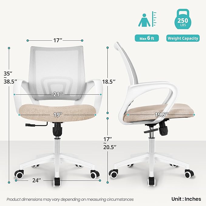 Office Chair with Ergonomic Mid Back Cushion Lumbar Support Adjustable Swivel Rolling Computer Gaming Desk Chair Comfy Mesh Seat Wheels Home Executive Use (1, Beige)