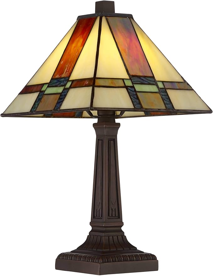 Robert Louis Tiffany Morris Mission Antique Tiffany Style Mini Accent Table Lamp LED 14 1/4" High Warm Brown Art Deco Stained Glass Shade Decor for Bedroom House Bedside Nightstand Home Office