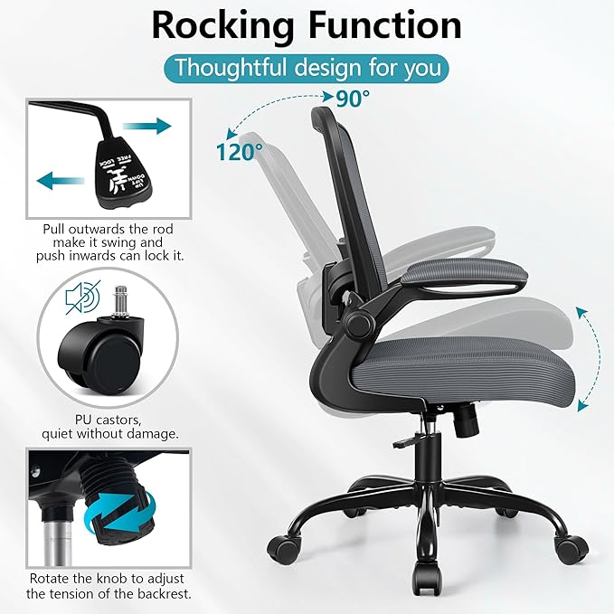 FelixKing Office Chair, Ergonomic Desk Chair Breathable Mesh Chairs Adjustable High Back Lumbar Support Flip-up Armrests, Executive Rolling Swivel Comfy Computer Chairs Home Office Dark Gray