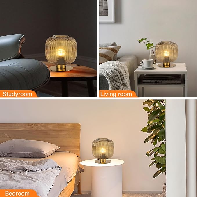 Ribbed Glass Table Lamp, Mid Century Modern Gold Bedside Lamp Brass Desk Lamp for Bedroom Nightstand Living Room Study Office (7.9-inch Smoke Gray)