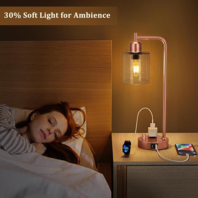 Innqoo Copper Industrial Bedside Table Lamp for Bedroom - Nightstand Lamps with USB C Charging Port, Fully Dimmable Black Ports and Outlets, Small Desk Glass Shade Office Living Room