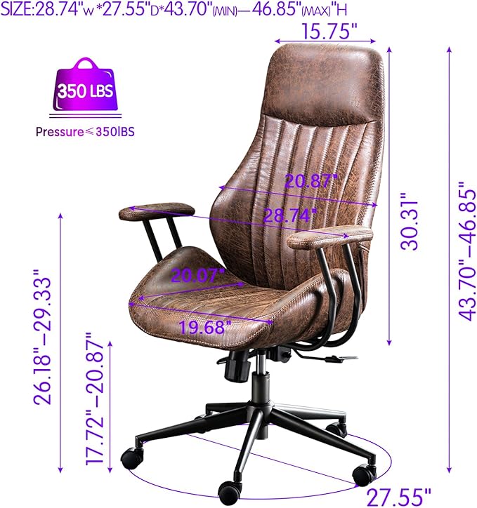 ovios Ergonomic High Back Office Chair, Mid-Century Modern Faux Suede Leather Chair with Padded Armrests, Comfy Executive Computer Task Swivel Rolling Chairs, Dark Coffee