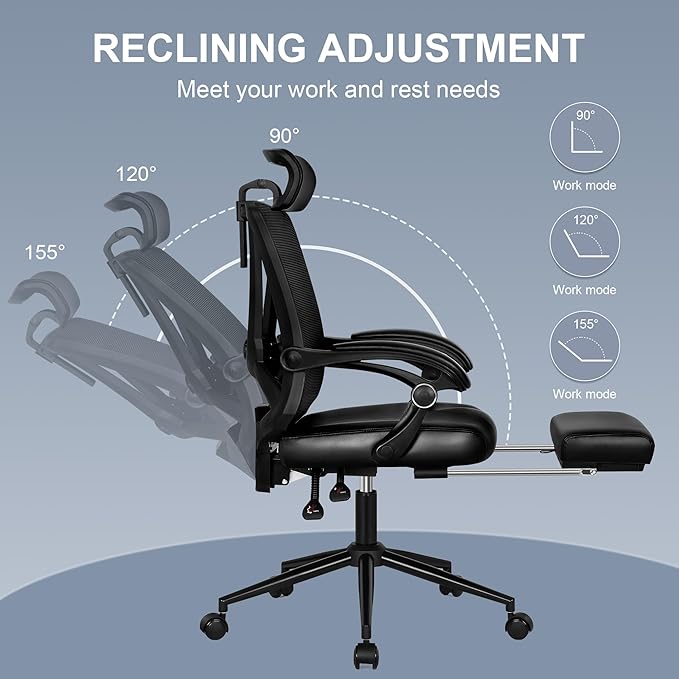Misolant Ergonomic Office Chair with Footrest, Ergonomic Desk Chair with Adjustable 2D Lumbar Support, High Back Computer Chair with Adjustable Headrest, Comfortable Leather Office Chairs -Black