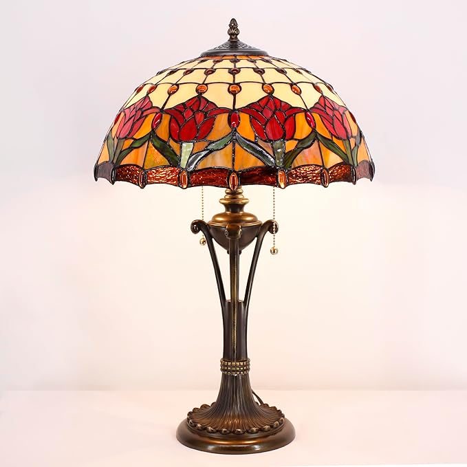 Tiffany Table Lamp Red Amber Stained Glass Desk Lamp 16X16X24 Inches Tulip Flower Style Reading Light