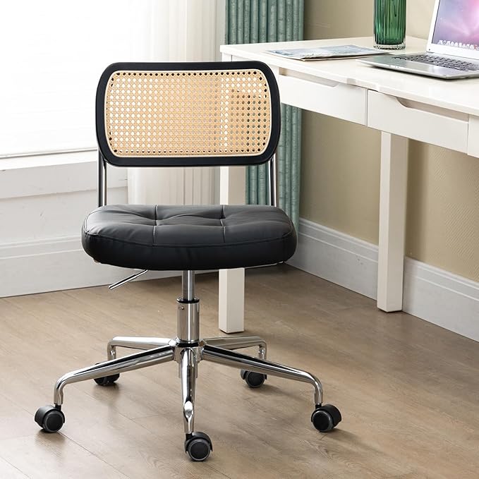 Mid Century Modern Home Office Chair with Wheels, Armless Leather Rattan Desk Chair, Upholstered Adjustable Height Swivel Computer Chair, Black