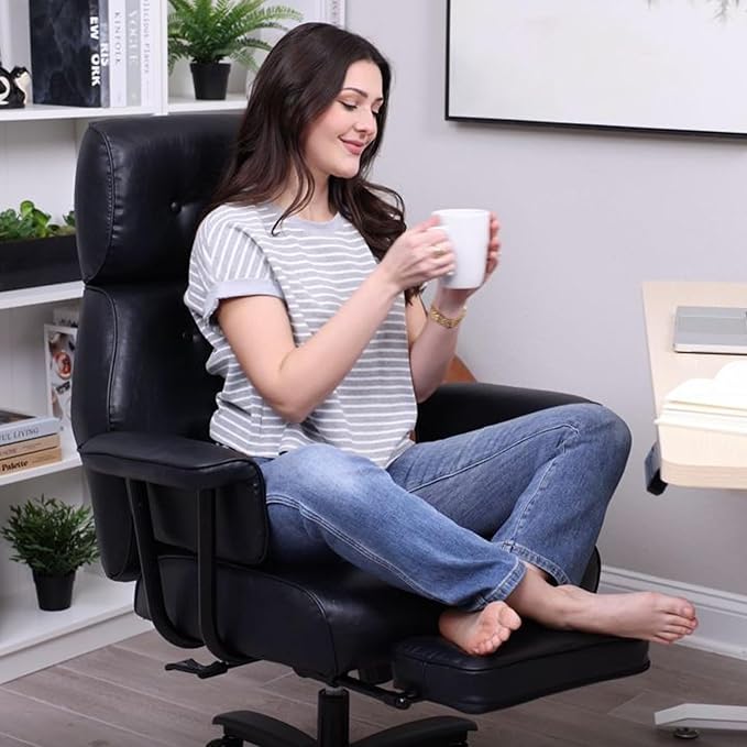 Reclining Office Chair with Footrest, Big and Tall Office Desk Chair 400lbs Wide Seat with Leather, Ergonomic High Back, Button Tufted Vintage Design, Black