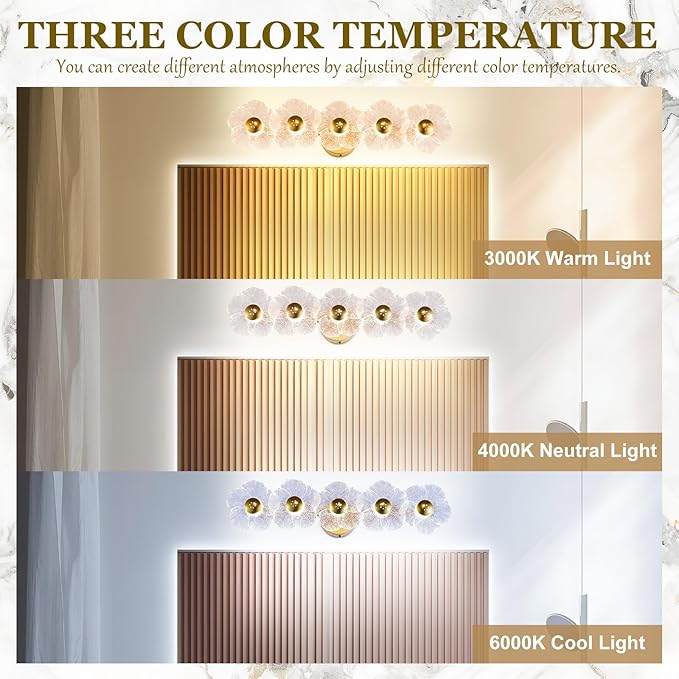 Vintage Bathroom Light Fixtures 5 Light Modern Vanity Lights with Floral Clear Glass,3-Color Temperature Picture Light Led Wall Lights Wireless Wall Sconces for Decor,Bathroom,Hallway (Gold)
