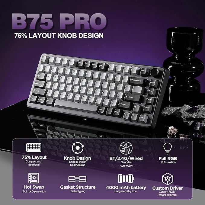 YUNZII B75 PRO Wireless Mechanical Keyboard,75% Layout with Knob,Hot Swap Gasket Custom Structure,Creamy Pre-lubed Switches,RGB Backlit,BT/Type-C/2.4G for Win/Mac(Cocoa Cream V2 Switch,Dark Grey)