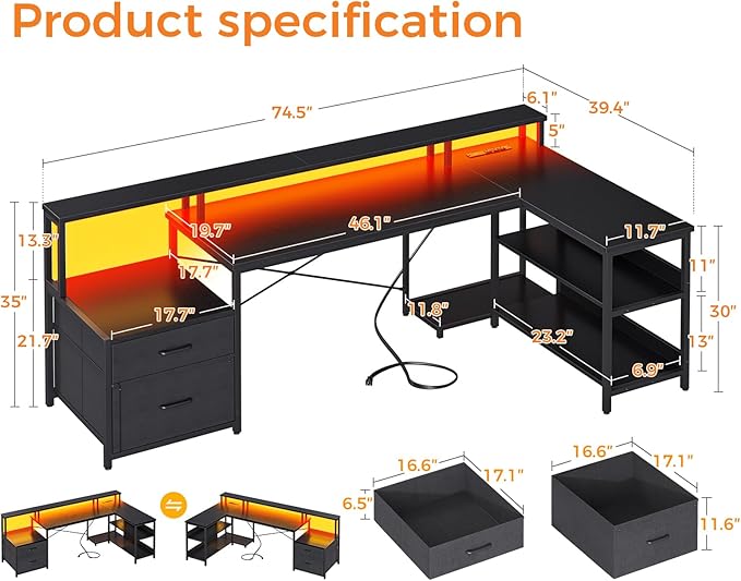 ODK L Shaped Desk with File Drawer, 75" Reversible L Shaped Computer Desk with Power Outlet & LED Strip, Office Desk with Storage Shelves, Gaming Desk with Monitor Shelf, Corner Desk, Black