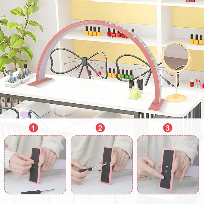 Half-Moon Nail Desk Lamp, Upgrade 30 Inches Lash Light for Eyelash Extensions, 3400 Lumen Led Light for Nails,Tattoo Artists, Adjustable Brightness Warm, Soft, Cool (Pink)