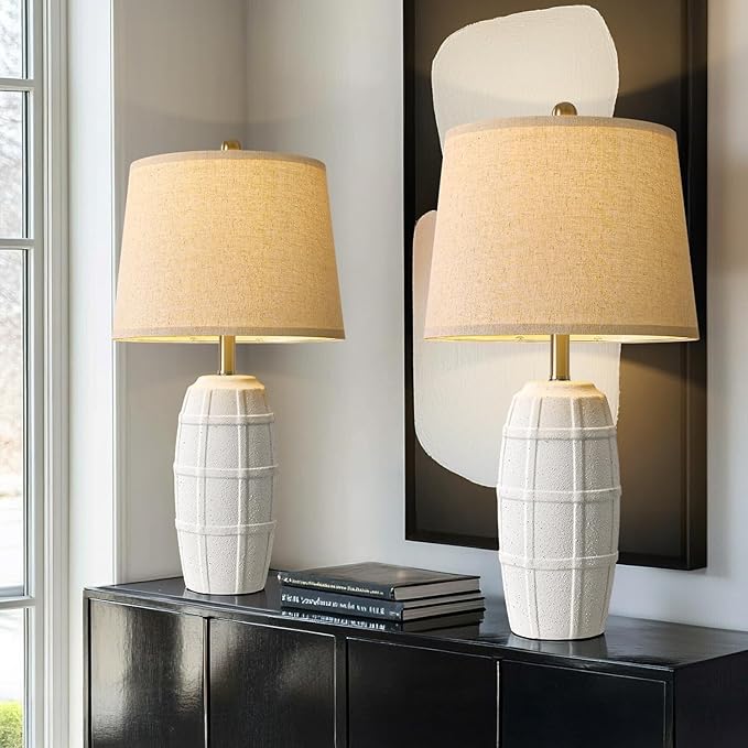 PORTRES 25.5" Ceramic Table Lamps for Bedroom Living Room Modern Lamp Bedside Nightstand Lamp Farmhouse Rustic Boho Retro Vintage Table Lamp Light Home Office Desk Deco Gifts, White