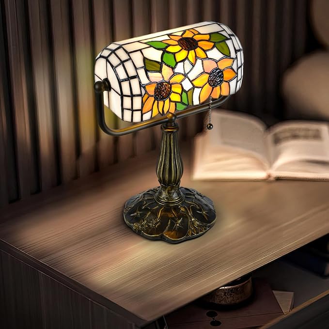 Tiffany Bankers Desk Lamp,Sunflower Stained Glass Piano Light with LED Bulb, Vintage Tiffany Style Desk Lamp for Office, Study, or Joyful Home Décor.