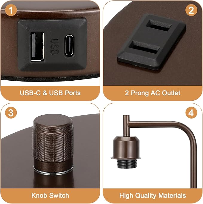 Innqoo Brown Industrial Bedside Table Lamp for Bedroom - Nightstand Lamps with USB C Charging Port, Fully Dimmable Black Ports and Outlets, Small Desk Glass Shade Office Living Room