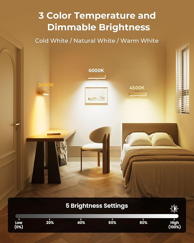 Rechargeable LED Wall Sconces Set of Two,Wall Lights for Bedroom with Remote Control and Touch,360° Magnetic Rotation,3 Colors Dimmable Brightness Wood Wall Lamps with 15 RGB Colors,2 Pack
