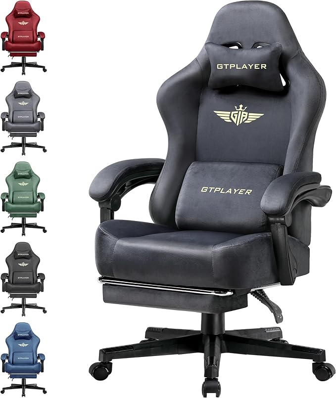 GTPLAYER Gaming Chair Fabric with Pocket Spring Cushion, Big and Tall Gamings Chairs 350LBS High Back Computer Chair with Footrest for Adults Lumbar Support Swivel Game Chair for Office Light Gray