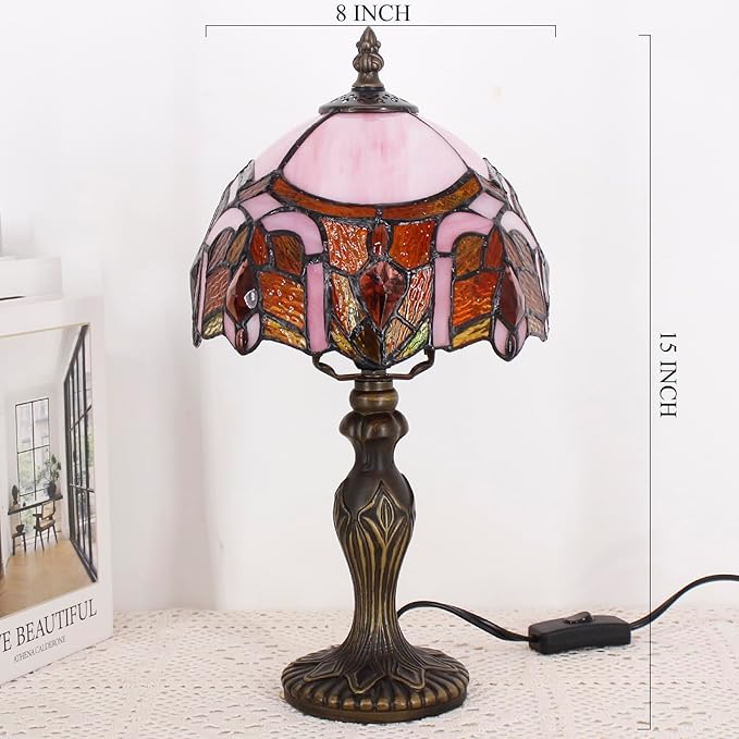 Small Tiffany Lamp Stained Glass Table Lamp Mini Desk Accent Light for Bedroom Bedside Reading Home Antique Style Decor 8X15 Inches (Pink Jewelry)