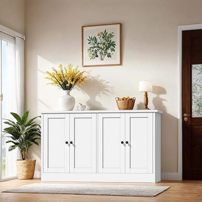 White Buffet Storage Cabinet with 4 Door, 49" W Coffee Bar Cabinet, Kitchen Buffet Sideboard for Living Room, Kitchen