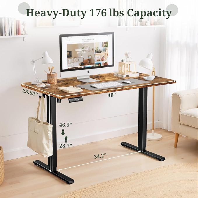 48 x 24 in Electric Standing Desk - Memory Height Adjustable Ergonomic Sit-to-Stand Rising Computer Table Gaming Workstations with 2 Hooks and Wire Hole for Home Office, Brown