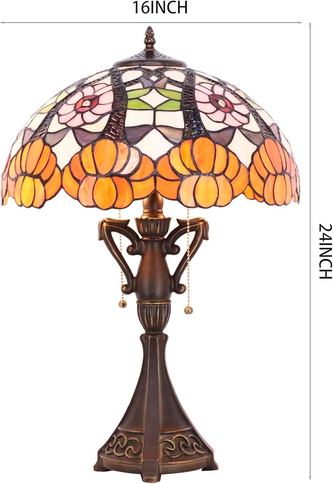 Tiffany Table Lamp 24 Inch High Antique Stained Glass Orange Flower Desk Reading Light Wide 16 Inch for Bedroom Living Room Home Office