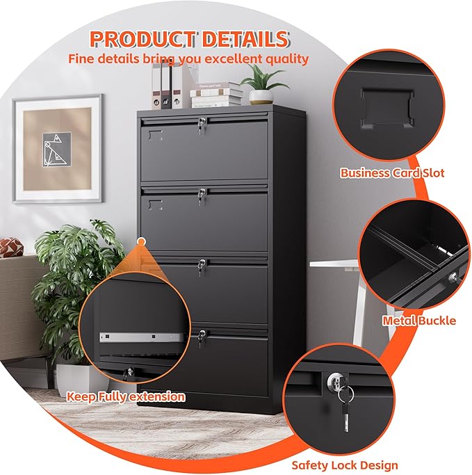 METAN Upgrade Metal 4 Drawer Lateral Files Cabinet for Home Office, Lockable Steel Wide File Storage Cabinet for Hanging Legal/Letter A4 Size, Assembly Required,Black