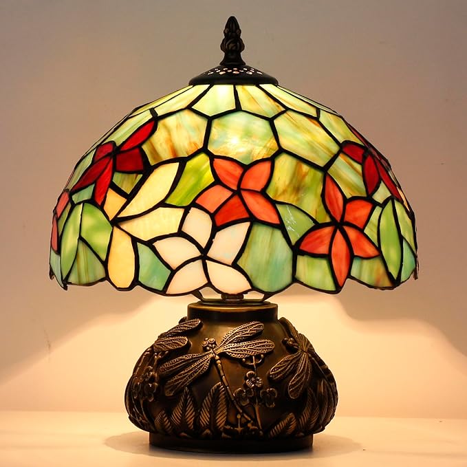 Small Tiffany Table Lamp Red Green Flowers Style Stained Glass Desk Lamp 10X11.5 Inch Mushroom Table Light for Office Home Living Room Bedroom