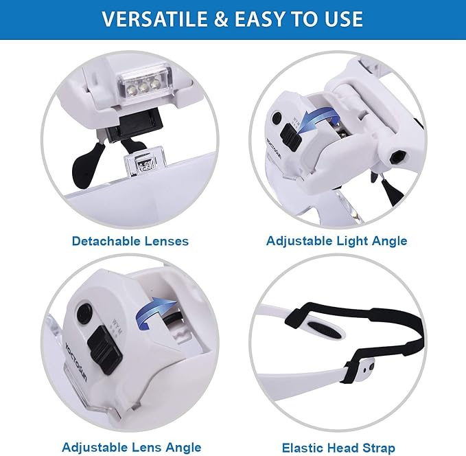 YOCTOSUN Head Magnifier with 5 LED Lights, Rechargeable Headband Magnifying Glass with 5 Interchangeable 1.2X, 1.8X, 2.5X, 3.5X, 4.5X Lenses, Great Magnifying Glasses for Jewelry, Arts and Crafts
