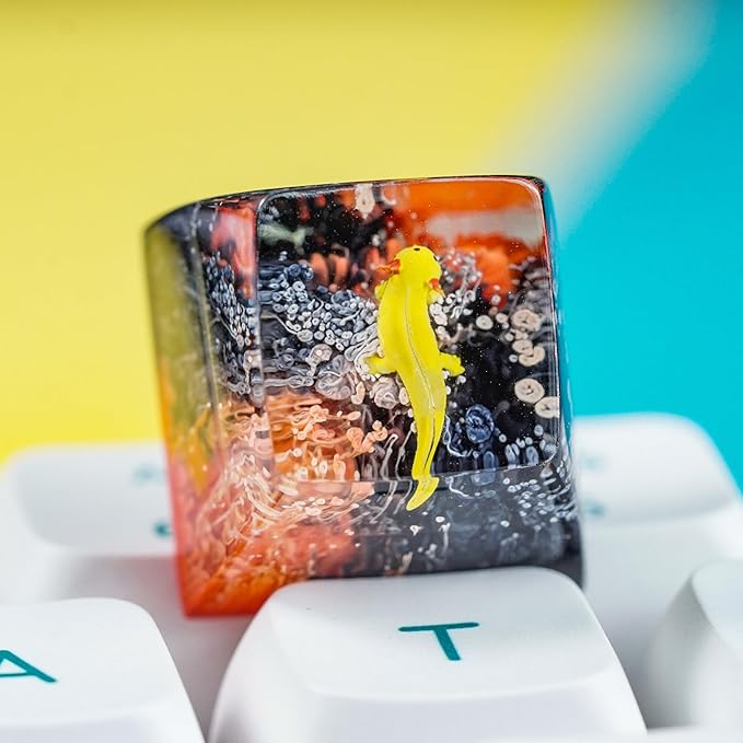 Yellow Axolotl in Red Black Ocean Coral Artisan Keycap R1 SA Profile Custom Animal Keycaps 1U ESC Handmade Gaming Resin Key Cap Cherry MX Switch Compatible Mechanical Keyboard Axolotl Lover Gift