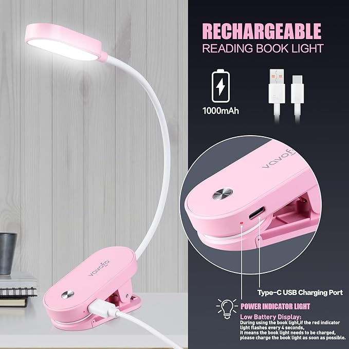 VAVOFO Rechargeable Book Light, 14 LEDs Eye Care Clip On Amber Reading Light for Bookworms Reading in Bed with 9 Colors 9 Brightness (Pink)