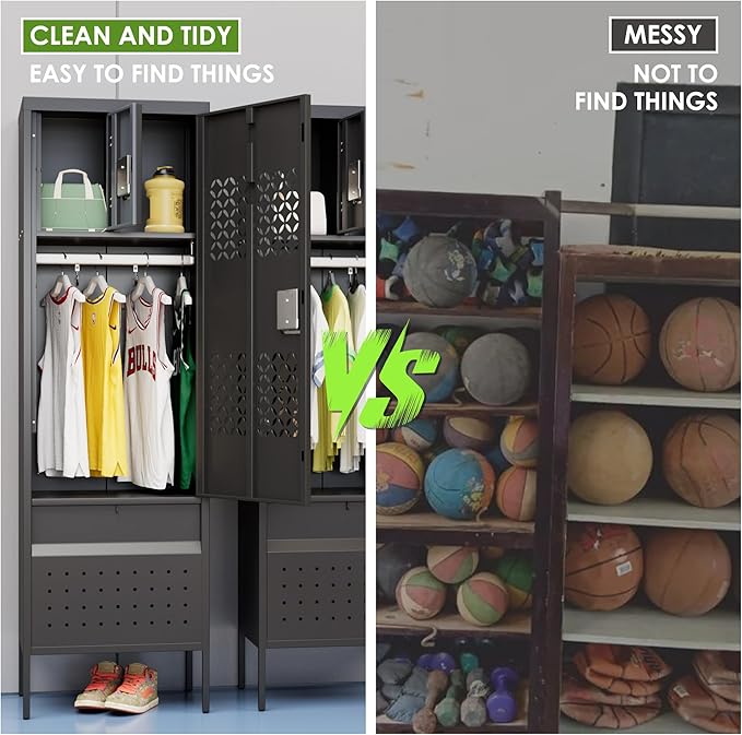 1 Door Metal Locker with Hanging Rod,Metal Storage Locker with Mesh,Suitable for Gym,Basketball Gym,Gymnasiums,Utility Room,Assembly Required,Black