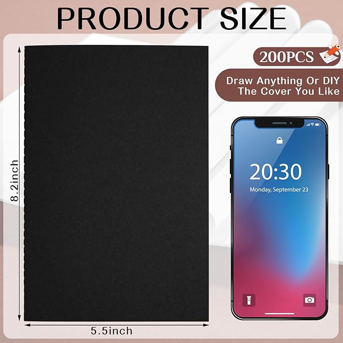 Sepamoon 200 Pack Kraft Notebook Journals 5.5 Inch x 8.3 Inch A5 Journal Softcover Notebooks Bulk for Kids Student Writing Sketch Travel Journal Office Notepad with 60 Pages 30 Sheets(Black)