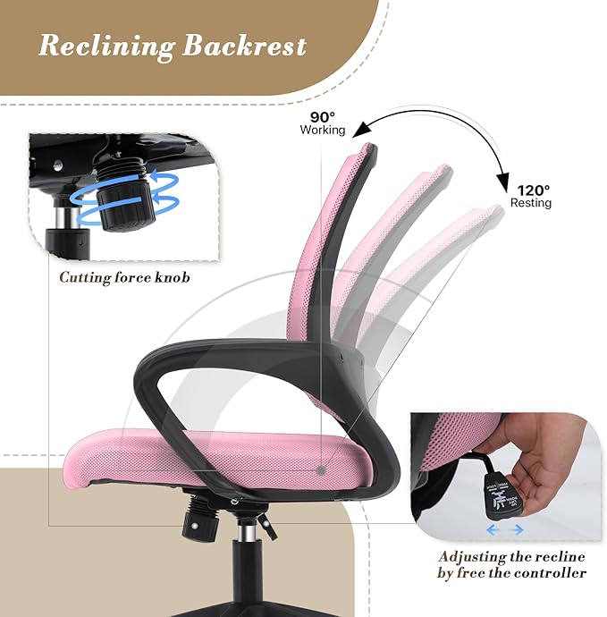 Athena Collection Computer Office Chair, Ergonomic Desk Chair with Rolling Wheels, Mesh Back Support and Height Adjustable, Small and Comfy for Home Office, Study, Pink