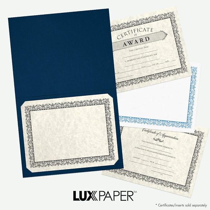 LUXPaper Certificate Holders for 8 1/2 x 11 Certificates or Documents in 100 lb. Nautical Blue Linen, Display Folder for Paper Awards, 100 pack, Holder Size 9 1/2 x 12 (Blue)