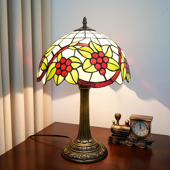 Tiffany Lamp Stained Glass Table Lamp 12 Inch Green Leaves Red Grapes Retro Art Nouveau Bedside Lamp for Living Room Bedroom Study Office Coffee Shop Cafe Home Decor Vintage Tiffany Style Lamp Gift